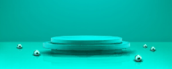Poster - Turquoise product 3d circle podium background with ball. Empty dimensional platform object with shadow to display cosmetic presentation or advertising with metallic sphere minimal decoration