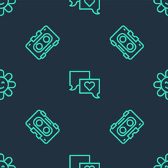 Poster - set line speech bubble chat, retro audio cassette tape and flower on seamless pattern. vector