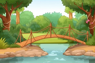 Canvas Print - wooden bridge crossing a river amidst a lush forest. Generative AI