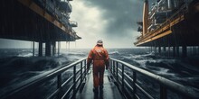 Industrial Worker From Behind In Orange Overall. Worker At A Offshore Oil Rig. Oil Rig In Background, Night, Stormy Weather, Beautiful Lighting. Generative AI