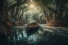 Magical Flooded Woods With A Rowboat. Generative AI