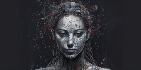 Wall Mural - Artificial intelligence, a humanoid cyber human with a neural network thinks. AI concept of big data or cyber security. Chat GPT concept. AI with a digital brain processes big data. Generative AI
