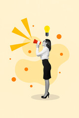 Poster - Vertical collage portrait of black white effect elegant girl hold loudspeaker toa say tell light bulb above head isolated on beige background