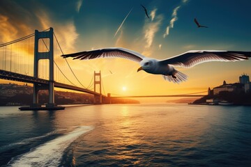 Poster - bird in flight over a body of water with a bridge in the background. Generative AI