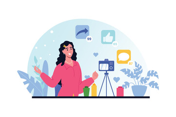 Aufkleber - Blogging blue and pink concept with people scene in the flat cartoon design. Blogger makes video for her followers. Vector illustration.