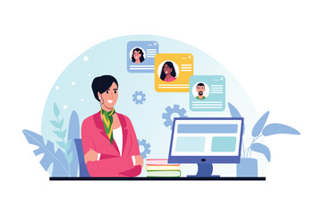 Poster - Recruiting blue and pink concept with people scene in the flat cartoon design. Recruiter reviews the questionnaires of young specialists who are suitable for the position. Vector illustration.