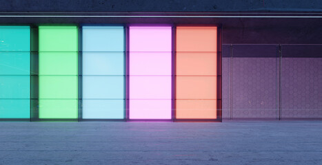 Poster - 3d empty concrete floor with color gradient transparent glass exterior wall