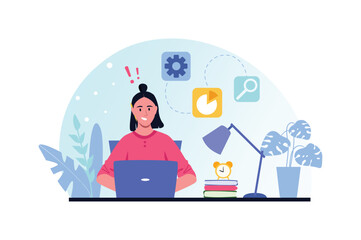 Poster - Work flow blue and pink concept with people scene in the flat cartoon style. Girl makes every effort to complete all tasks. Vector illustration.