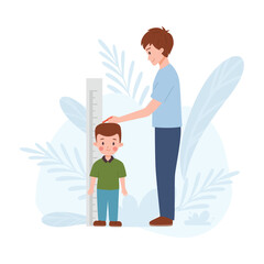 Father measures his son height with stadiometer vector illustration isolated.