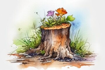 Wall Mural - vibrant floral growth emerging from a decaying tree stump. Generative AI