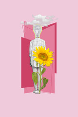 Wall Mural - Vertical collage picture of black white colors mini person light bulb instead head clouds big sunflower isolated on pink background