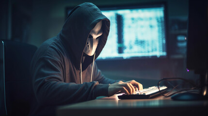 Hacker in front of his computer. Dark face. Generative ai