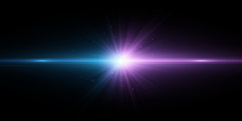 abstract purple and blue light effect isolated on black background. horizontal bright flash in space