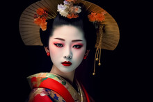 A Young Japanese Geisha In A Vintage Artist Period Style, With Contemporary Fashion And Intricate Face Paint Manipulation, Is Truly Captivating. Generative AI