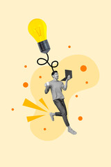 Aufkleber - Vertical collage image of mini black white gamma guy hold coffee cup use netbook big light bulb connected head isolated on beige background