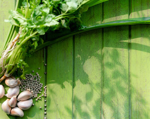 Garlic and pepper and pandan leaves with copy space for text