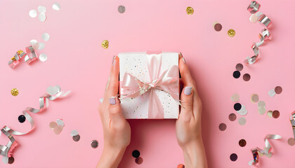 woman in shower with confetti, Womans hands holding gift or present box decorated confetti on pink pastel table top view. Flat lay composition for birthday or wedding , happy mother day wallpaper.png 