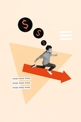 Aufkleber - Vertical collage picture of mini black white gamma guy rush hurry follow arrow pointer earn money isolated on beige background
