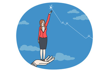 Businesswoman get helping hand from colleague reach star as business goal. Female employee or worker achieve career success. Work accomplishment or achievement. Vector illustration.
