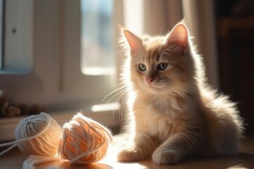 Wall Mural - Adorable fluffy kitten playing with a ball of yarn, in a pastel-colored room with a window that lets in warm sunlight. Generative AI