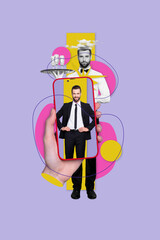 Sticker - Vertical collage picture of arm hold smart phone display elegant guy black white effect waiter hold champagne tray isolated on violet background