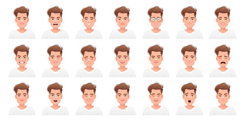 Wall Mural - Set of different emotions of a cute white guy in a t-shirt. Facial expression of handsome stylish young man. Smile, happiness, anger, surprise, fear, sadness, etc. Vector illustration