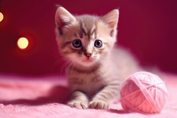 Poster - Adorable kitten playing with a ball of yarn, set against a bright pink background with glittering stars. Generative AI