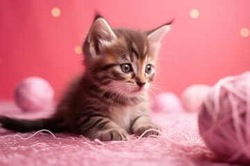 Poster - Adorable kitten playing with a ball of yarn, set against a bright pink background with glittering stars. Generative AI