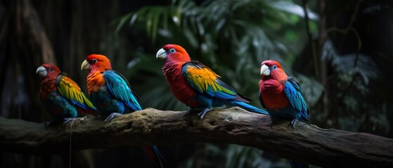 Wall Mural - a stunning close-up photo of exotic birds perched on branches in a tropical forest, generative ai