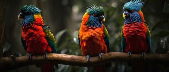 Wall Mural - a stunning close-up photo of exotic birds perched on branches in a tropical forest, generative ai