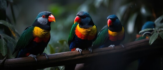 Wall Mural - a stunning close-up photo of exotic birds perched on branches in a tropical forest, generative ai