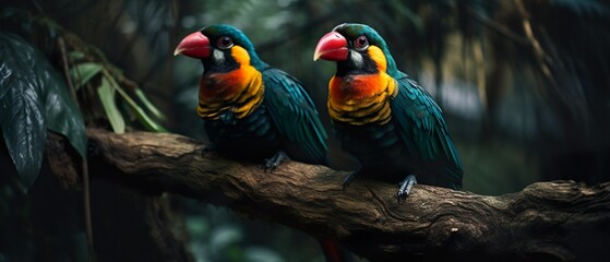Wall Mural - a stunning close-up photo of exotic birds perched on branches in a tropical forest, generative ai