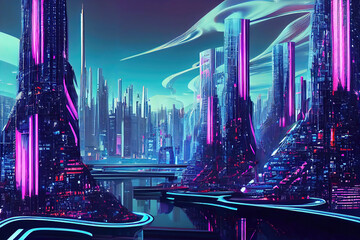 Wall Mural - Futuristic synthwave city skycrapers with neon colors (Generative AI)