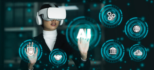 Poster - Metaverse ar technology. Virtual reality, businesswoman with vr headset, globalization or future business innovation touching connecting with virtual world big data.