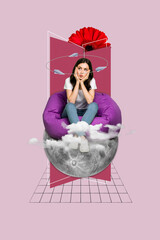 Aufkleber - Poster artwork collage of minded lady sitting beanbag thinking solving question aircraft fly around head isolated on drawing background