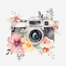 Retro Camera In Flowers And Plants. Hand Drawn Photo Camera. Can Be Used As Print, Logo, For Cards, Wedding Invitation. Watercolor