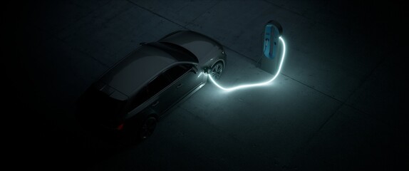 Generic electric EV hybrid vehicle is charging on a station inside a dark garage, cable is glowing, renewable energy concept