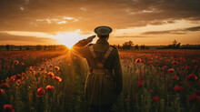 Soldier Salutes Standing In Poppy Field During Sunset. Remembrance Day Created With Generative AI Technology