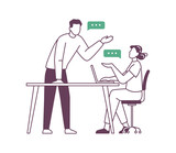 Fototapeta Psy - Business communication and interaction concept, ideas and brainstorming on meeting with colleague. Boss and secretary at work. Vector in flat cartoon illustration