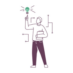Leinwandbilder - Startup idea or business concept, isolated employee with innovating thought. Company development and improvement strategy. Vector man with lamp in flat cartoon illustration