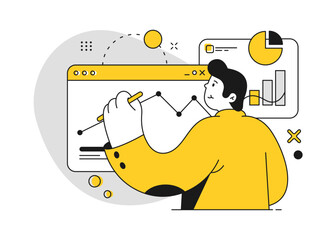 Aufkleber - Web engineer or designer building website. Employee working on project showing presentation on board. Charts and statistics. Vector in flat cartoon illustration