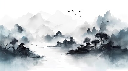 Poster - Blue mountain background vector.in traditional oriental, minimalistic Japanese style. Mountain landscape in the fog. Generative AI