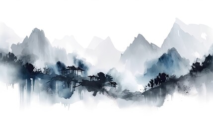 Poster - Blue mountain background vector.in traditional oriental, minimalistic Japanese style. Mountain landscape in the fog. Generative AI
