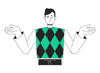 Poster - frustrated man shrugging with hands up flat line color vector character. editable simple outline hal