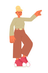 Poster - Woman in casual clothes and sneakers showing direction semi flat colorful vector character. Editable full body person on white. Simple cartoon spot illustration for web graphic design and animation
