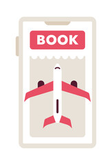 Poster - Booking plane ticket online on mobile phone flat concept vector spot illustration. Editable 2D cartoon object on white for web UI design. Cheap flight creative hero image. Jost Extrabold font used