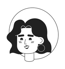 Poster - Elegant lady with earring, wide brim hat monochromatic flat vector character head. Editable black white cartoon face emotion. Hand drawn lineart ink spot illustration for web graphic design, animation