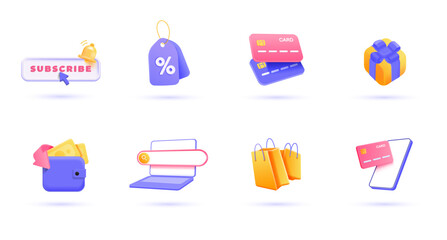 Wall Mural - 3d shopping icon set. trendy illustrations of online shopping, online payment, digital wallet, newsl