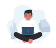 Colored man working with computer, home office, student or freelancer. Concept vector illustration in flat style