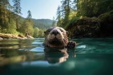 Cute Little Otter Floating On Its Back In A River, With A Lush Forest In The Background And A Clear Blue Sky Above. Generative AI